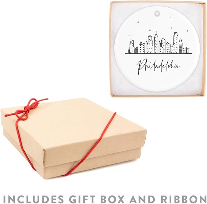 Andaz Press Round Ceramic Porcelain Christmas Tree Ornament Gift, Philadelphia Black and White Stars City Skyline Graphic, 1-Pack, Birthday Ideas for Family Coworker, Philly