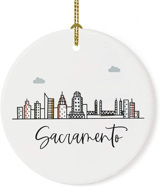 Andaz Press Round Ceramic Porcelain Christmas Tree Ornament Keepsake Gift, Sacramento, Colorful City Skyline Graphic, 1-Pack, Birthday Ideas Family Coworker Him Her, Includes Gift Box