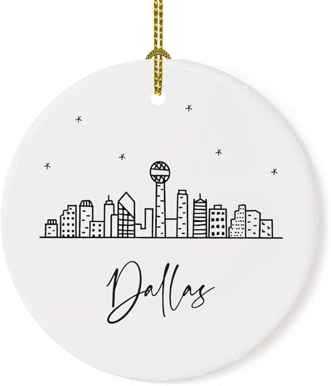 Andaz Press Round Ceramic Porcelain Christmas Tree Ornament Keepsake, Dallas Black and White Stars City Skyline Graphic, 1-Pack, Birthday Gift Ideas for Family Coworker, Includes Gift Box