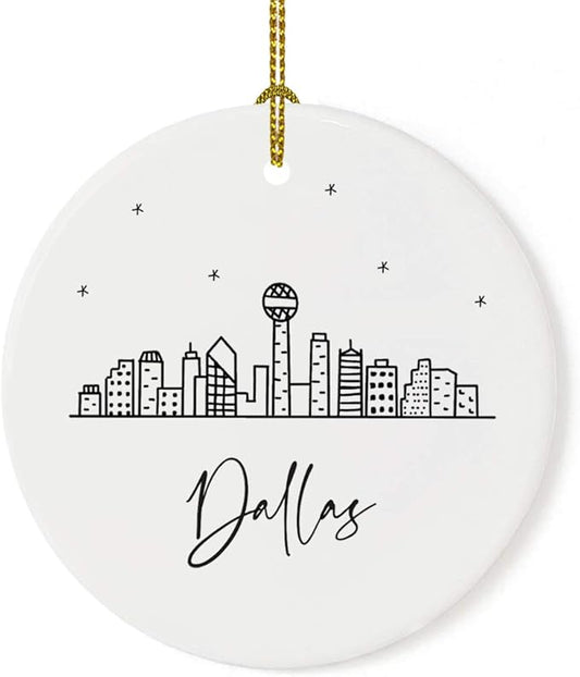 Andaz Press Round Ceramic Porcelain Christmas Tree Ornament Keepsake, Dallas Black and White Stars City Skyline Graphic, 1-Pack, Birthday Gift Ideas for Family Coworker, Includes Gift Box