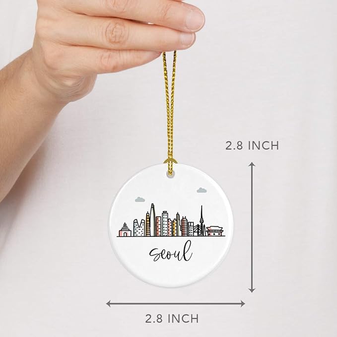 Andaz Press Round Ceramic Porcelain Christmas Tree Ornament Keepsake Gift, Seoul, Colorful International City Skyline Graphic, 1-Pack, Birthday Ideas Family Coworker Him Her, Gift Box