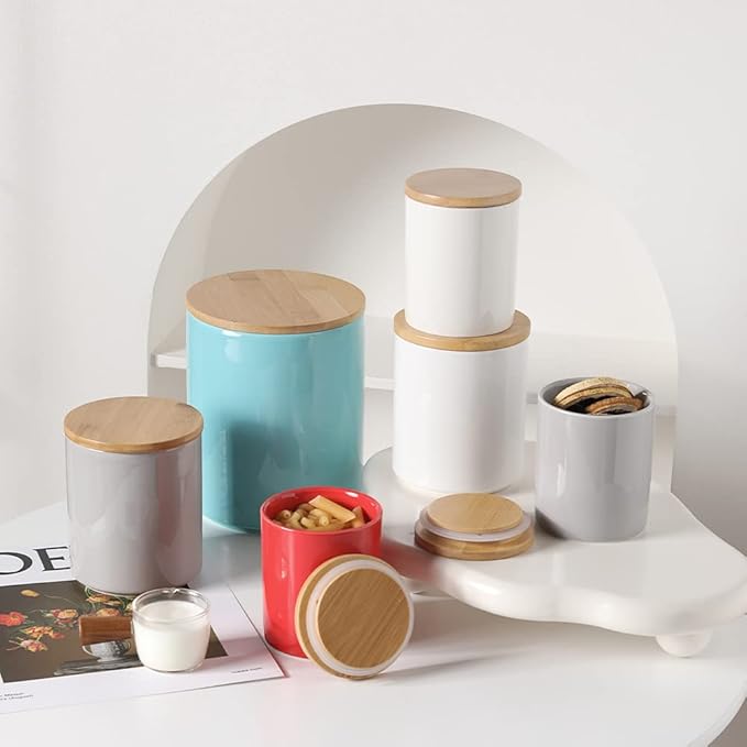 Sweejar Ceramic Canisters Set, Food Storage Jars with Airtight Seal Bamboo Lid, Stackable Containers for Kitchen Counter, Ground Coffee, Flour, Sugar, Cookie, Dog Treats, Candy, Pack of 4 (White)