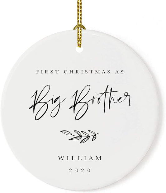 Andaz Press Personalized Sibling Round Ceramic Porcelain Christmas Tree Ornament Keepsake Collectible Gift, First Christmas as Big Brother William 2025, Antique Handdrawn, 1-Pack