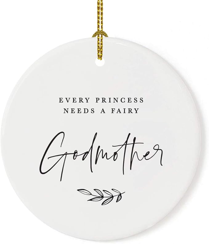 Andaz Press Round Ceramic Porcelain Christmas Tree Ornament Keepsake Collectible Godmother Gift, Every Princess Needs a Fairy Godmother, Antique Handdrawn, 1-Pack