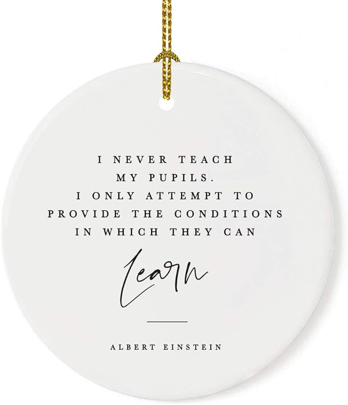 Andaz Press Round Ceramic Porcelain Christmas Tree Ornament for Teacher Thank You Gift, I Never My Pupils, I Only Attempt to Provide The Conditions in Which They can Learn, Albert Einstein, 1-Pack
