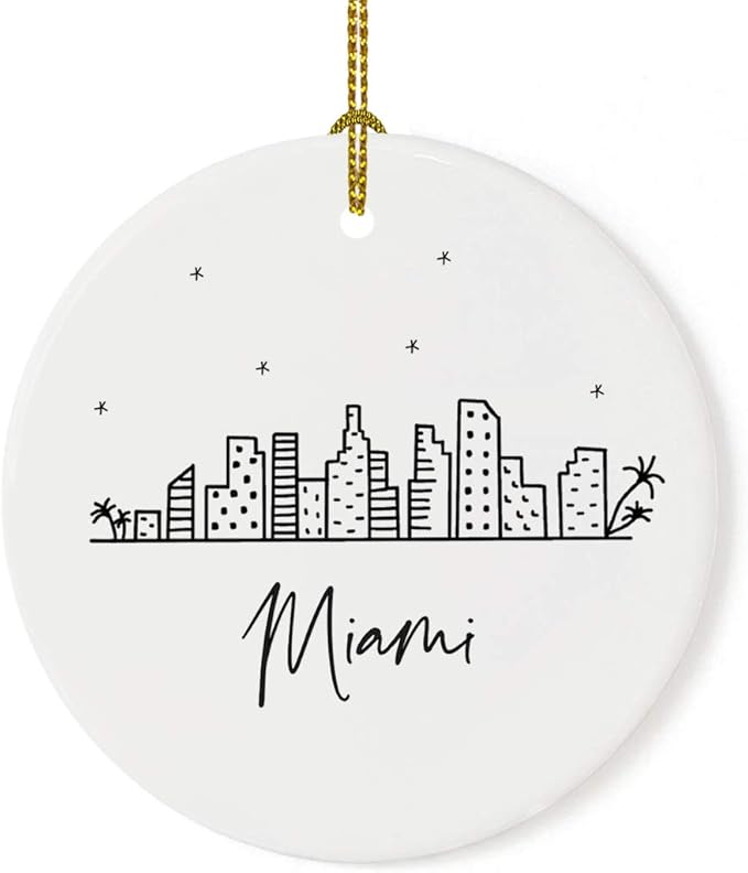 Andaz Press Round Ceramic Porcelain Christmas Tree Ornament Keepsake, Miami Black and White Stars City Skyline Graphic, 1-Pack, Birthday Gift Ideas Family Coworker Him Her, Includes Gift Box