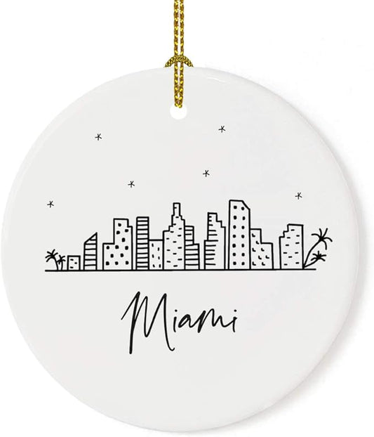 Andaz Press Round Ceramic Porcelain Christmas Tree Ornament Keepsake, Miami Black and White Stars City Skyline Graphic, 1-Pack, Birthday Gift Ideas Family Coworker Him Her, Includes Gift Box