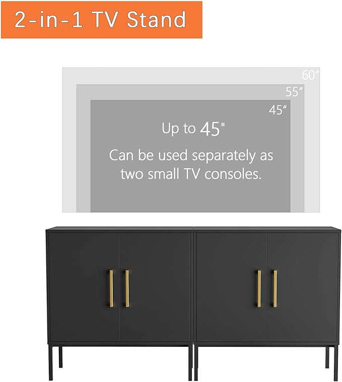 LYNSOM TV Stand for 55 Inch TV, Media Console Table with 2 Cabinets, Storage for Bedroom, Living Room, Entertainment Room (Black)