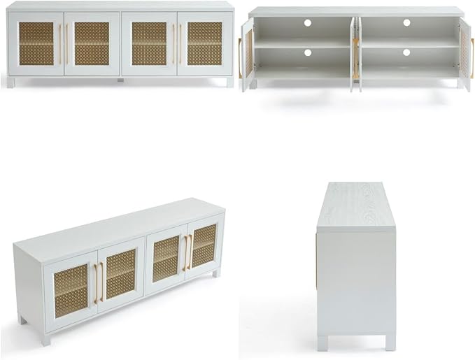 JYED Mid Century Modern TV Stand for TVs up to 75", 69.5" W White Entertainment Center with 4 Gold Metal Mesh Doors - Wood Grain MDF TV Console, Media Storage