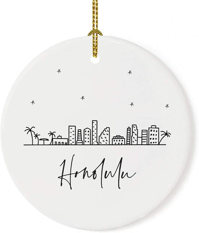 Andaz Press Round Ceramic Porcelain Christmas Tree Ornament Keepsake, Honolulu Black and White Stars City Skyline Graphic, 1-Pack, Birthday Gift Idea for Family, Coworker, Him, Her, Includes Gift Box