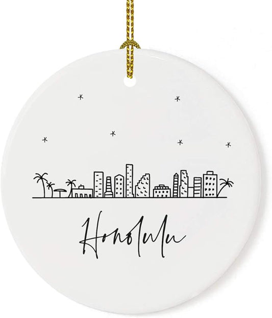 Andaz Press Round Ceramic Porcelain Christmas Tree Ornament Keepsake, Honolulu Black and White Stars City Skyline Graphic, 1-Pack, Birthday Gift Idea for Family, Coworker, Him, Her, Includes Gift Box
