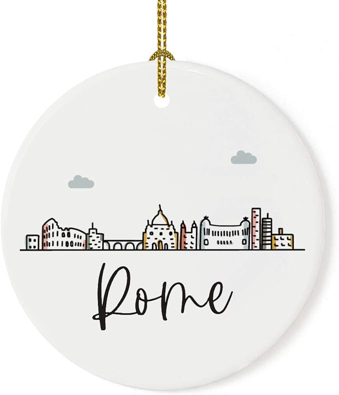 Andaz Press Round Ceramic Porcelain Christmas Tree Ornament Keepsake Gift, Rome, Colorful International City Skyline Graphic, 1-Pack, Birthday Ideas Family Coworker Him Her, Gift Box