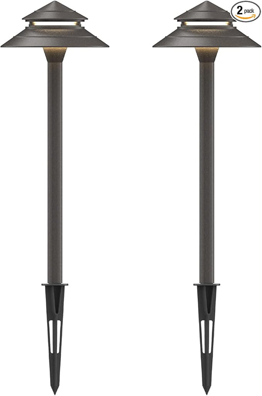 GOODSMANN Pathway Lights 3W LED 2PK Outdoor Low Voltage Landscape Lighting 180 Lumen Hardwired 2 Tier Pagoda Path Lights 3000K Warm White Metal 12V Electric Sidewalk Walkway Light with Connectors