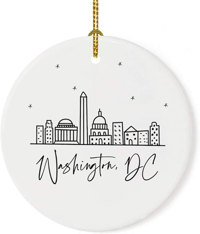 Andaz Press Round Ceramic Porcelain Christmas Tree Ornament, Washington, DC, Black and White Stars City Skyline, 1-Pack, Birthday Family Coworker, Includes Gift Box Washington DC Christmas Ornament