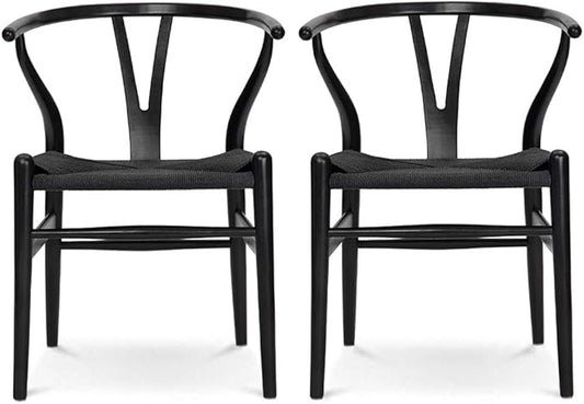 Wishbone Chair, Solid Wood Armrest Woven Seat Chair, Kitchen & Dining Chair, Wishbone Y Black Chairs - Set of 2 (Ash Wood - Black)