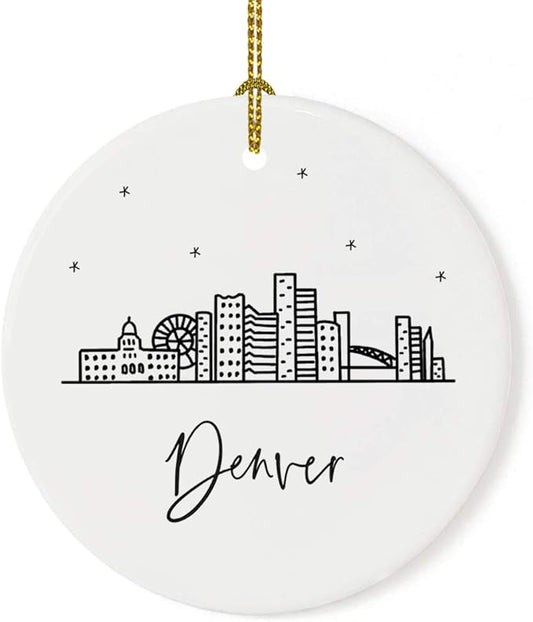 Andaz Press Round Ceramic Porcelain Christmas Tree Ornament Keepsake, Denver Black and White Stars City Skyline Graphic, 1-Pack, Birthday Gift Ideas Family Coworker Him Her, Includes Gift Box