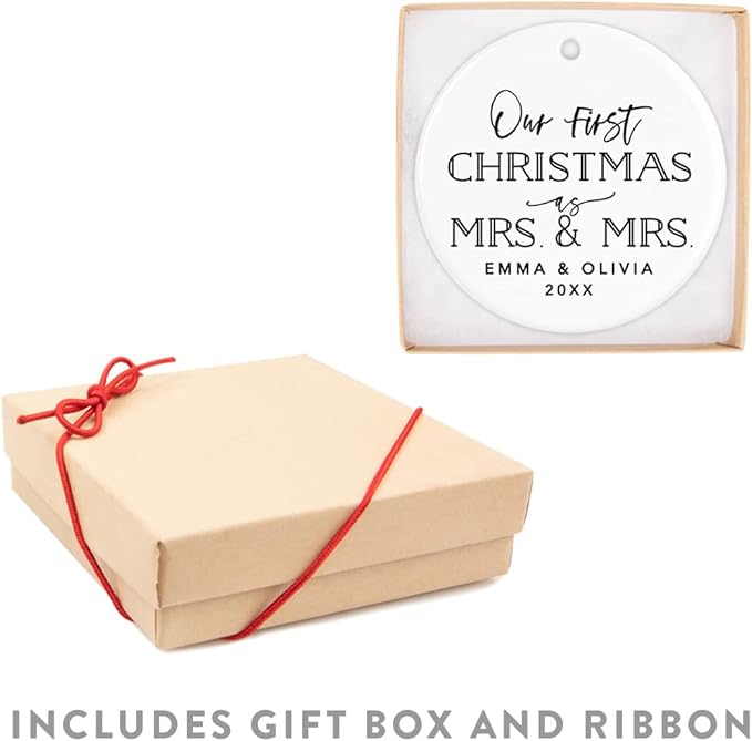 Andaz Press Personalized Our First Christmas As Mrs. & Mrs. 2025 Christmas Ornament Modern Black and White 2.8" Round Porcelain Ceramic Lesbian Married Couple Gay Women Newlyweds Keepsake 1-Pack