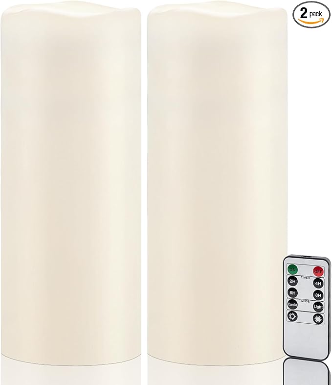 Amagic 2 Pack 10" x 4" Outdoor Plastic Electric flameless Candles with Remote Control and Timer, Battery Operated Flickering LED Pillar Fake Candle for Home, Wedding Decor, Ivory
