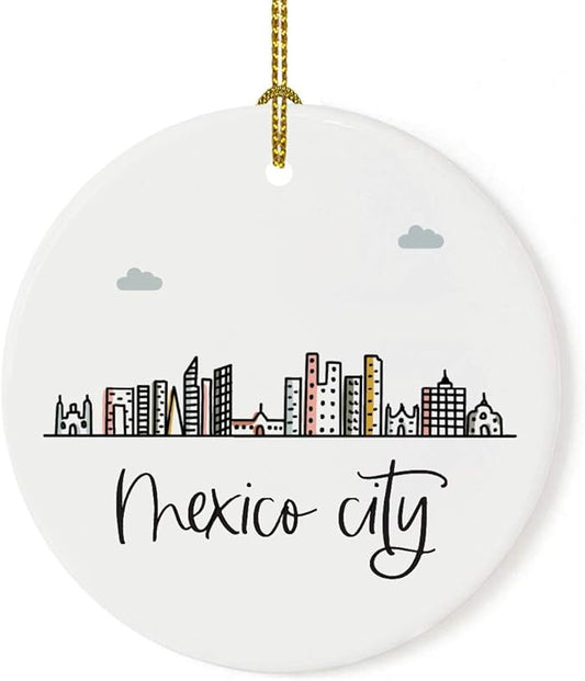 Andaz Press Round Ceramic Porcelain Christmas Tree Ornament Keepsake Gift, Mexico City, Colorful International City Skyline Graphic, 1-Pack, Birthday Family Coworker Him Her, Gift Box