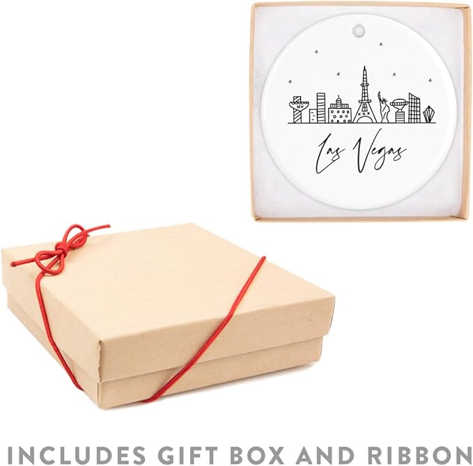 Andaz Press Round Ceramic Porcelain Christmas Tree Ornament Keepsake, Las Vegas Black and White Stars City Skyline Graphic, 1-Pack, Birthday Gift Idea for Family, Coworker, Him, Her, Includes Gift Box