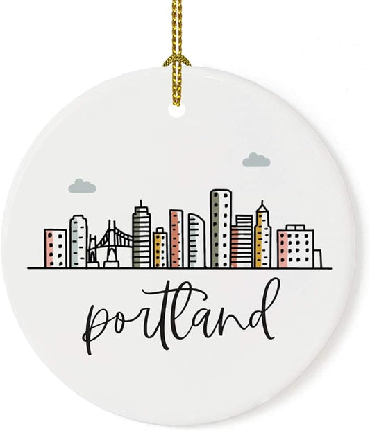 Andaz Press Round Ceramic Porcelain Christmas Tree Ornament Keepsake, Portland Colorful City Skyline Graphic, 1-Pack, Birthday Gift Ideas for Family Coworker, Includes Gift Box