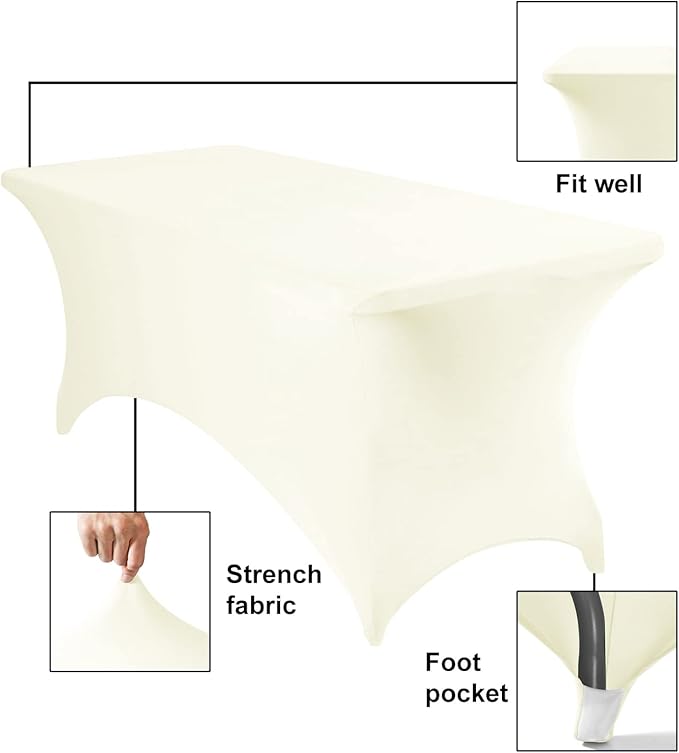 2Pack Spandex Waterproof Table Covers 6ft，Spandex 6ft Waterproof Table Cover for Party,Wedding, Banquet, and Events(Ivory)