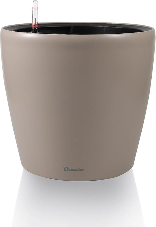 Dexceder 11x10 Inches Self Watering Planter Indoor Outdoor, Inner Pot Design, Thickened Table Flower Plant Pot with Water Level Indicator (Taupe Matte)