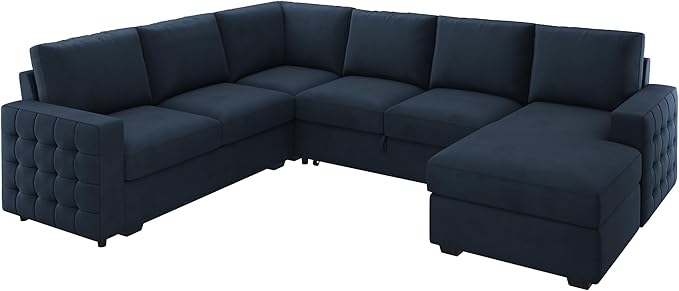 HONBAY Sectional Sleeper Sofa with Pull Out Bed U-Shape Sectional Couch Sleeper Bed with Storage Chaise Lounge Living Room 6 Seater Sectional Sofa Bed,Velvet Dark Blue