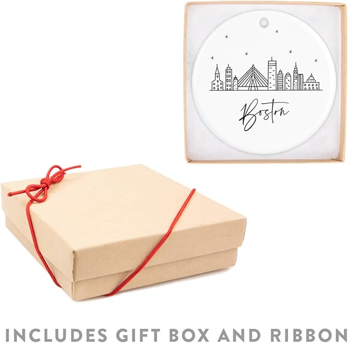 Andaz Press Round Ceramic Porcelain Christmas Tree Ornament Keepsake, Boston Black and White Stars City Skyline Graphic, 1-Pack, Birthday Gift Idea for Family, Coworker, Him, Her, Includes Gift Box