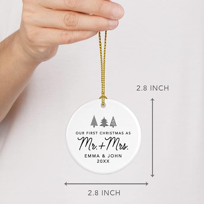 Andaz Press Personalized Our First Christmas As Mr. & Mrs. 2024 Christmas Ornaments Christmas Trees Design 2.8" Round Porcelain Ceramic 1st Year Married Custom Ornament Keepsake for Newlyweds 1-Pack