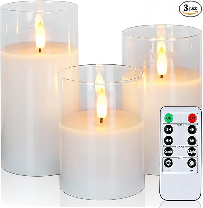 Amagic Clear Glass Flameless Candles Battery Operated with Timer, Remote Control, LED Pillar Candles, Battery Powered, Pure White Wax, Set of 3