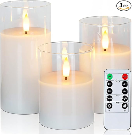 Amagic Clear Glass Flameless Candles Battery Operated with Timer, Remote Control, LED Pillar Candles, Battery Powered, Pure White Wax, Set of 3