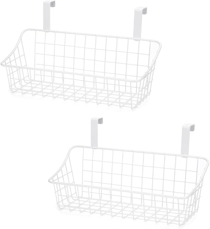 LeleCAT White Basket with hook Grid Storage Basket,Hang it behind a door or on a railing,Over the Cabinet Door,2 Pack