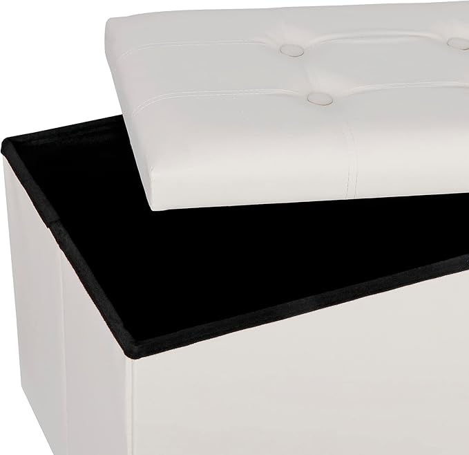 SUPER DEAL Folding Storage Ottoman Bench, Waterproof Faux Leather Ottoman Padded Seat Footrest Bench for Living Room, Bedroom, Entryway, Small Spaces, 15 x 30 x 15 inches, Creamy White