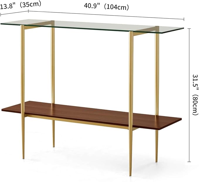 Glass Console Table for Living Room, Foyer & Entrance, 2-Tiers Mid-Century Modern Sofa Table with Clear Glass Top, Walnut Finish Wood Top and Gold Finish Metal Frame