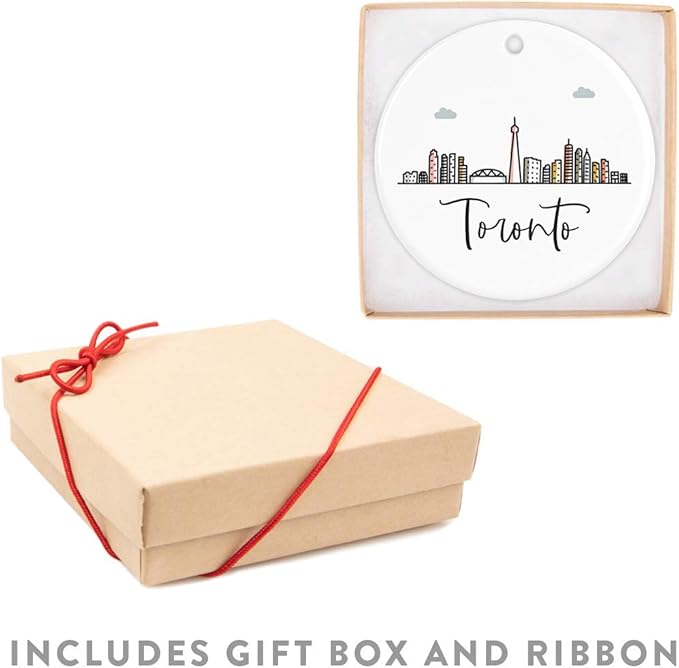 Andaz Press Round Ceramic Porcelain Christmas Tree Ornament Keepsake Gift, Toronto, Colorful International City Skyline Graphic, 1-Pack, Birthday Ideas Family Coworker Him Her, Gift Box
