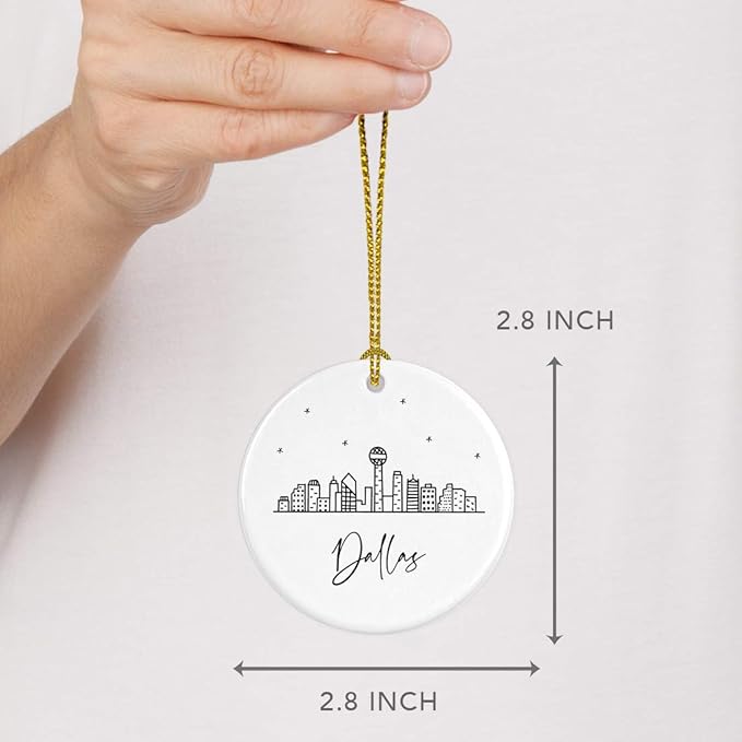 Andaz Press Round Ceramic Porcelain Christmas Tree Ornament Keepsake, Dallas Black and White Stars City Skyline Graphic, 1-Pack, Birthday Gift Ideas for Family Coworker, Includes Gift Box
