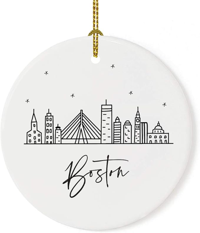 Andaz Press Round Ceramic Porcelain Christmas Tree Ornament Keepsake, Boston Black and White Stars City Skyline Graphic, 1-Pack, Birthday Gift Idea for Family, Coworker, Him, Her, Includes Gift Box