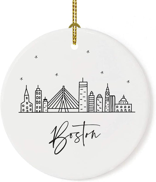 Andaz Press Round Ceramic Porcelain Christmas Tree Ornament Keepsake, Boston Black and White Stars City Skyline Graphic, 1-Pack, Birthday Gift Idea for Family, Coworker, Him, Her, Includes Gift Box