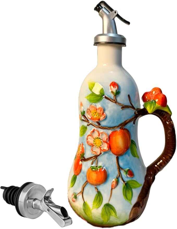 18.26oz/540ml Ceramics Olive Oil Dispenser Bottle,Hand Painted Reliefs Oil Dispenser for Kitchen,Oil Bottles for Kitchen (Persimmon)