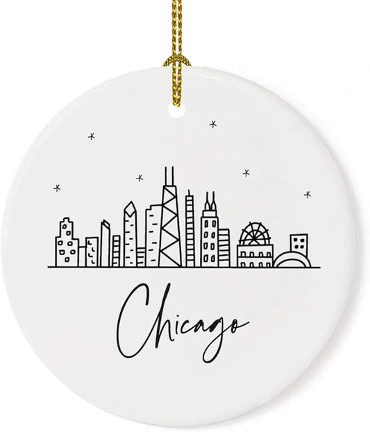 Andaz Press Round Ceramic Porcelain Christmas Tree Ornament Keepsake, Chicago Black and White Stars City Skyline Graphic, 1-Pack, Birthday Gift Idea for Family, Coworker, Him, Her, Includes Gift Box