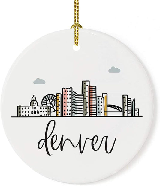 Andaz Press Round Ceramic Porcelain Christmas Tree Ornament Keepsake, Denver, Colorful City Skyline Graphic, 1-Pack, Birthday Gift Ideas Family Coworker Him Her, Includes Gift Box