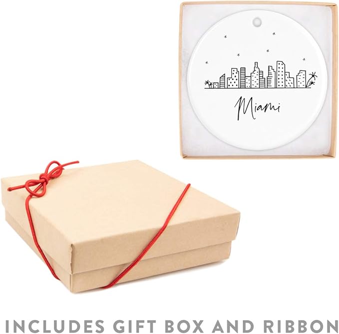 Andaz Press Round Ceramic Porcelain Christmas Tree Ornament Keepsake, Miami Black and White Stars City Skyline Graphic, 1-Pack, Birthday Gift Ideas Family Coworker Him Her, Includes Gift Box