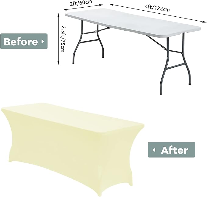 CWK 4FT Waterproof Stretch Spandex Table Cover for Rectangular Tables - Elastic Fitted Tablecloth for Folding Tables,Wrinkle Resistant Table Cloth for Parties, Weddings, Banquets & Events (Beige)