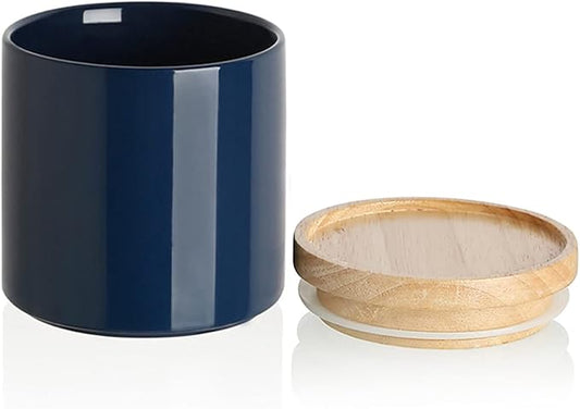 Sweejar Kitchen Canisters Ceramic Food Storage Jar, Stackable Containers with Airtight Seal Wooden Lid for Serving Coffee Bean, Flour, Tea, Spice and More - 39 Fl Oz (Navy)