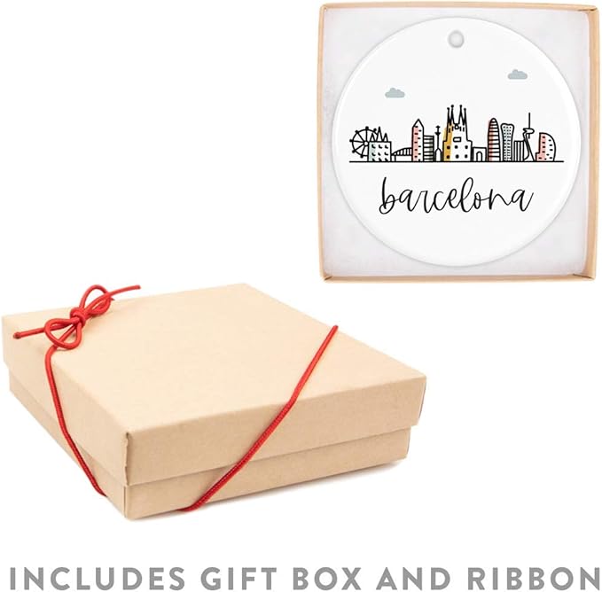 Andaz Press Round Ceramic Porcelain Christmas Tree Ornament Keepsake Gift, Barcelona, Colorful International City Skyline Graphic 1-Pack Birthday Family Coworker, Gift Box Barcelona Christmas Ornament