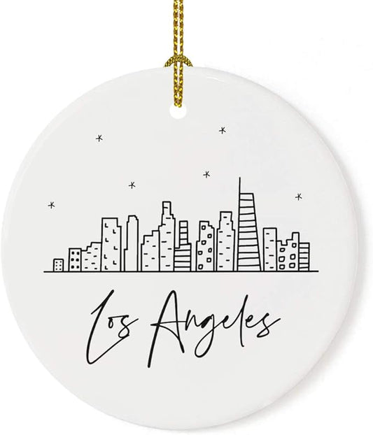 Andaz Press Round Ceramic Porcelain Christmas Tree Ornament Keepsake Gift, Los Angeles, Black and White Stars City Skyline Graphic, 1-Pack, Birthday Ideas Family Coworker Him Her, Includes Gift Box