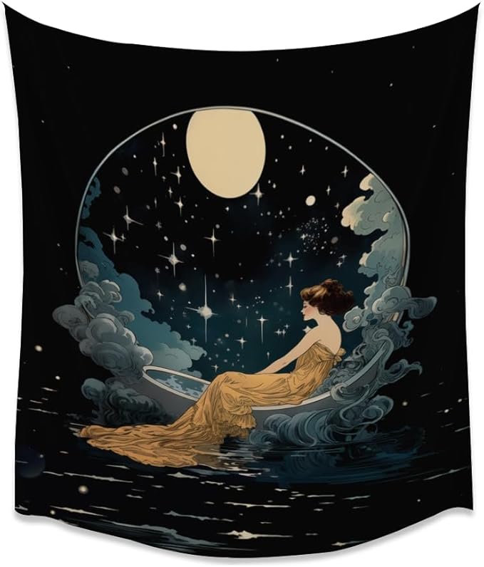 Dark Academia Tapestry Celestial Moonlit Bathing Lady Print Trendy Aesthetic Gothic Wall Hanging Vintage Art Nouveau Tapestries Wall Decor for Bedroom Living Room Dorm 30x40inch