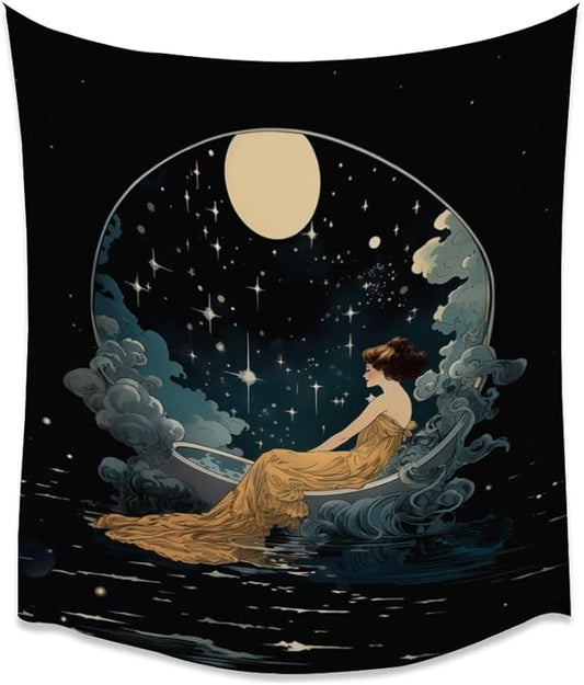 Dark Academia Tapestry Celestial Moonlit Bathing Lady Print Trendy Aesthetic Gothic Wall Hanging Vintage Art Nouveau Tapestries Wall Decor for Bedroom Living Room Dorm 30x40inch