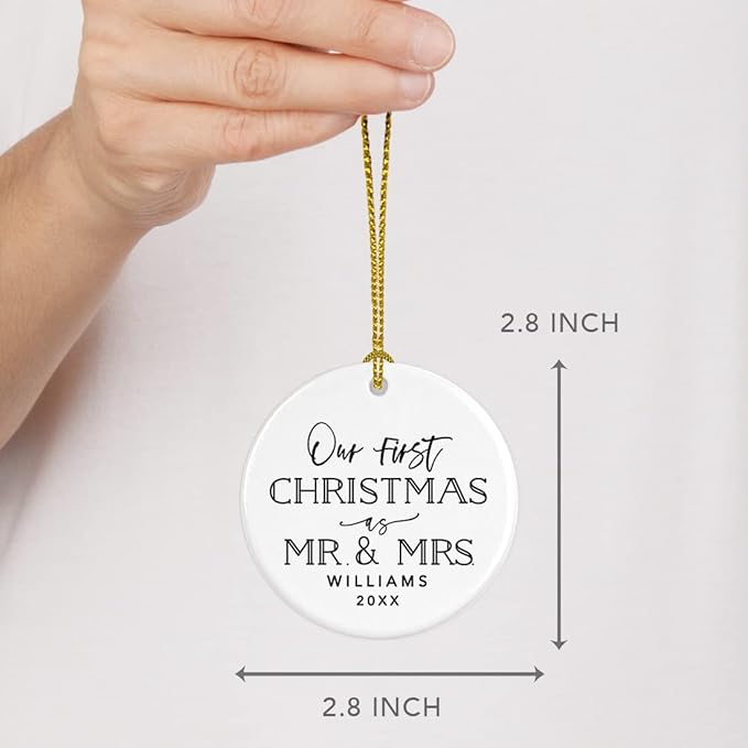 Andaz Press Personalized Our First Christmas As Mr. & Mrs. 2024 Christmas Ornaments Modern Black and White 2.8" Round Porcelain Ceramic 1st Year Married Custom Ornament Keepsake for Newlyweds 1-Pack